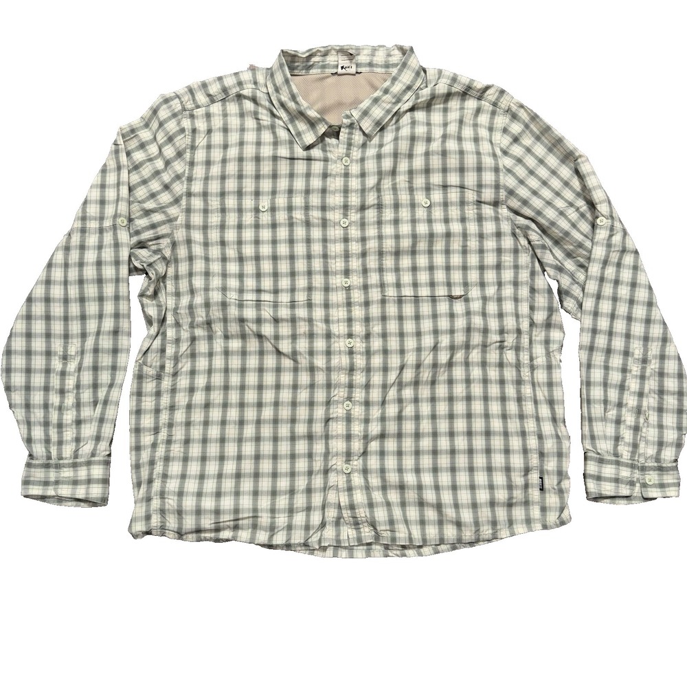 REI Co-op Men's Button Hiking Shirt Size XXL Green Cream Plaid Outdoor
